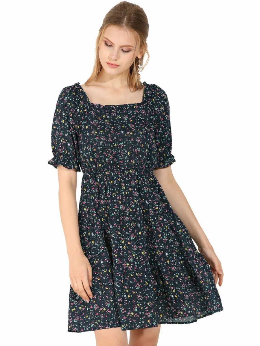 Navy Blue Floral Puff Sleeve Square Neck Flowy Dress with Elastic Waist and Frill Trim
