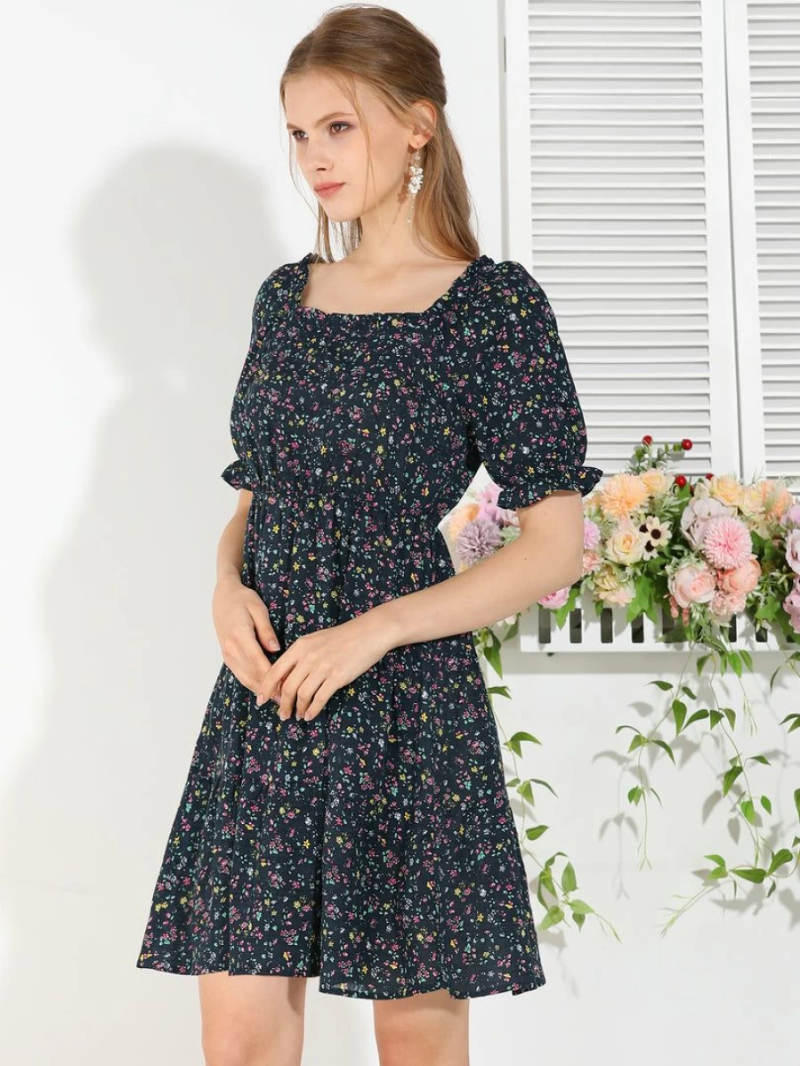 Navy Blue Floral Puff Sleeve Square Neck Flowy Dress with Elastic Waist and Frill Trim