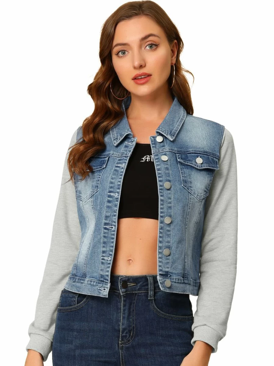 Women's Blue Denim Jean Jacket Long Sleeve Casual Button Down Coat