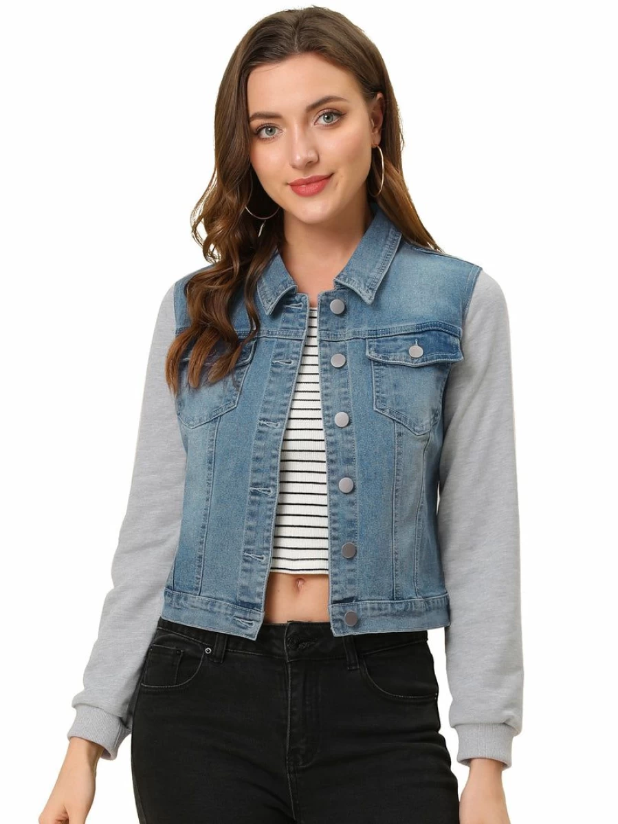 Women's Blue Denim Jean Jacket Long Sleeve Casual Button Down Coat