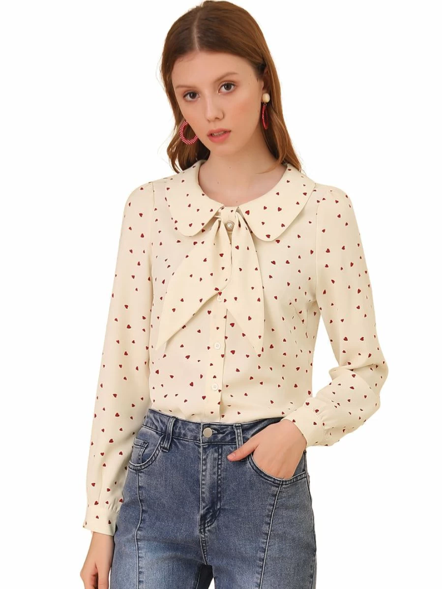 Beige Women's Peter Pan Collar Blouse with Jabot Bow Tie and Button Front - Elegant Tops