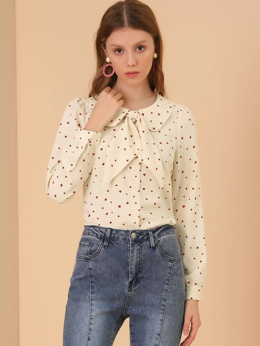 Beige Women's Peter Pan Collar Blouse with Jabot Bow Tie and Button Front - Elegant Tops