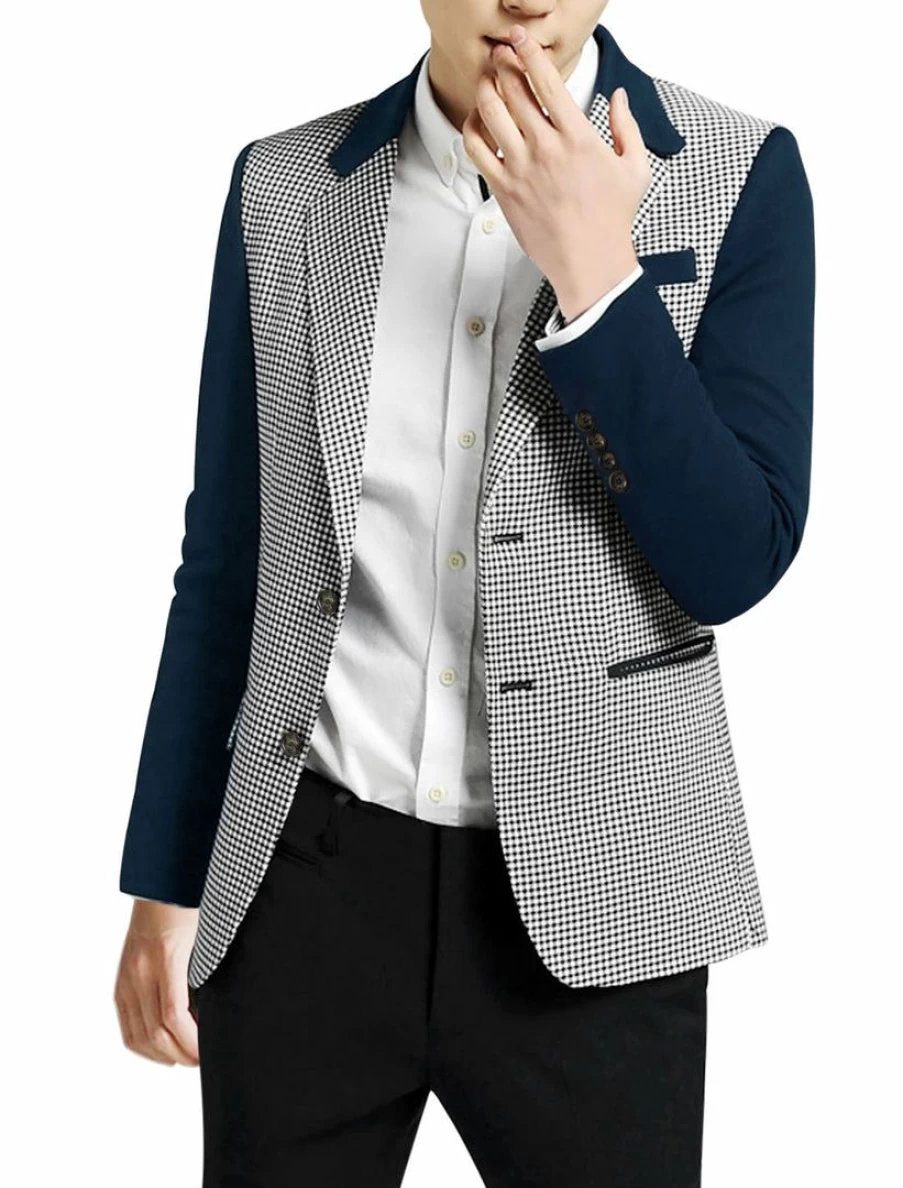 Men's Houndstooth Long Sleeve Blazer with Padded Shoulder - Single Breasted Formal Jacket