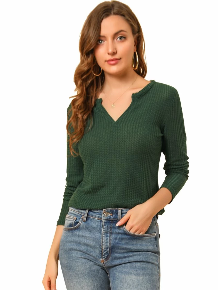 Women's Solid Color Waffle Knit V-Neck Long Sleeve Pullover Sweater Casual Loose Fit Top