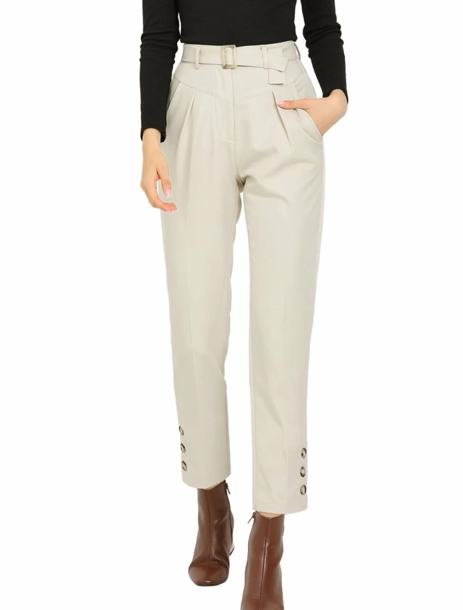 Women's High Waist Beige Straight Leg Pants with Belt, Zipper & Button Decor