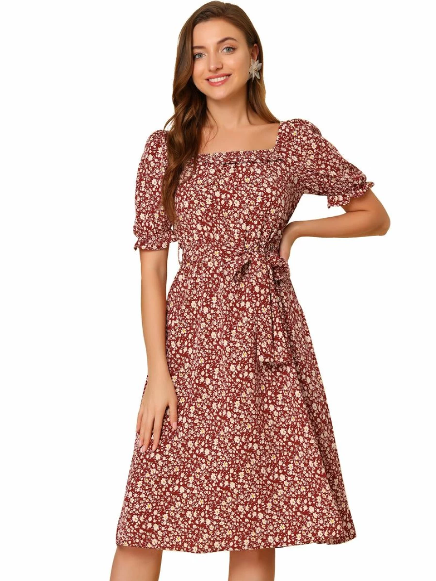 Red Floral Square Neck Tie Waist A-Line Midi Dress for Women
