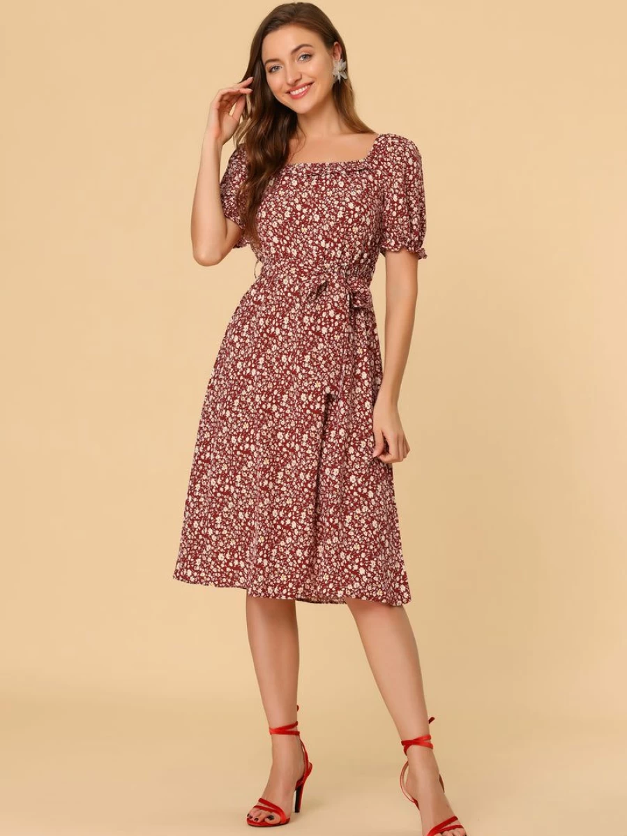 Red Floral Square Neck Tie Waist A-Line Midi Dress for Women