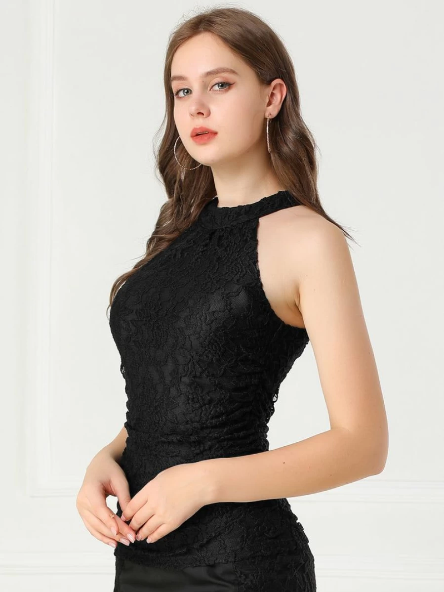 Black Floral Lace Halter Neck Ruched Sleeveless Tank Top for Women