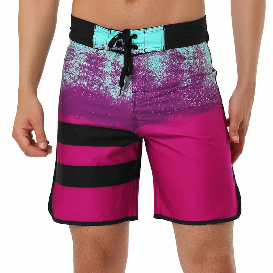 Men's Color Block Striped Swim Shorts with Drawstring Waist - Summer Beach Board Shorts