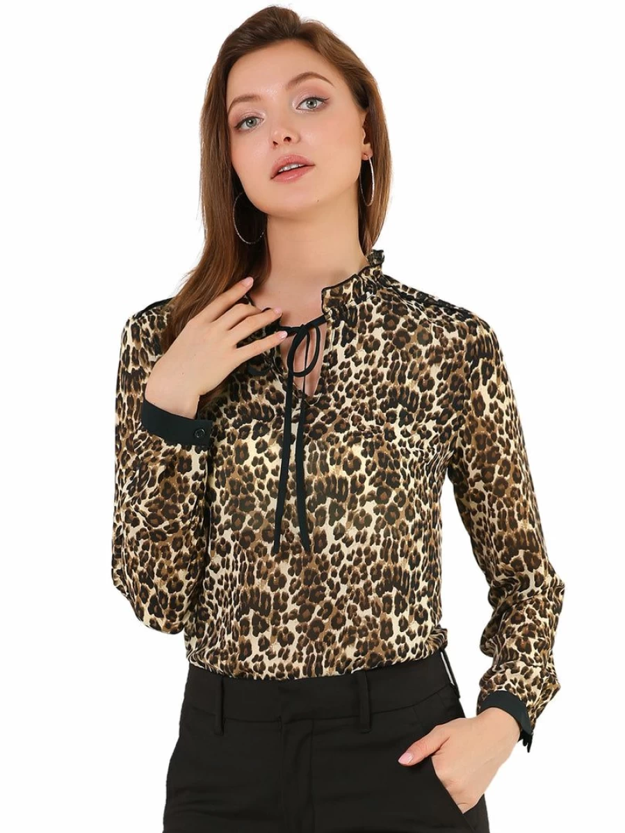Women's Brown Leopard Print Ruffle Neck Long Sleeve Blouse Top