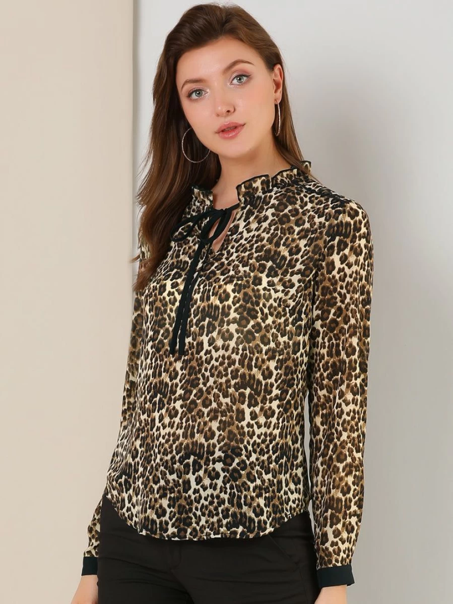 Women's Brown Leopard Print Ruffle Neck Long Sleeve Blouse Top