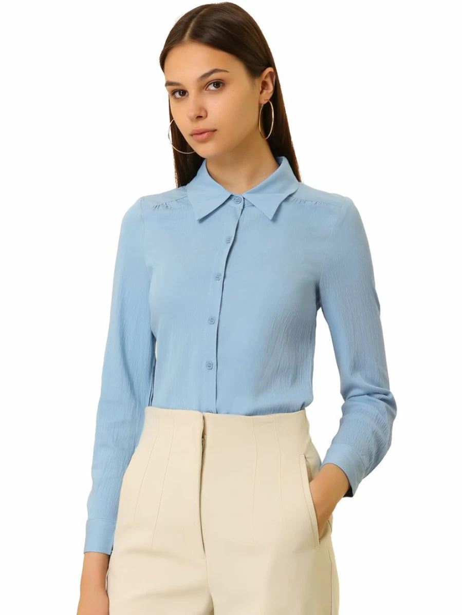 Allegra K Women's Blue Long Sleeve Button-Up Shirt for Office Work Professional Collared Blouse