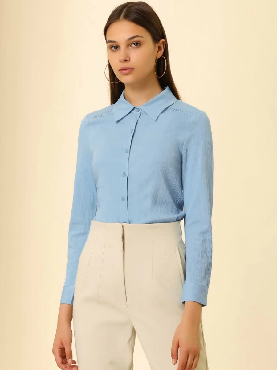 Allegra K Women's Blue Long Sleeve Button-Up Shirt for Office Work Professional Collared Blouse