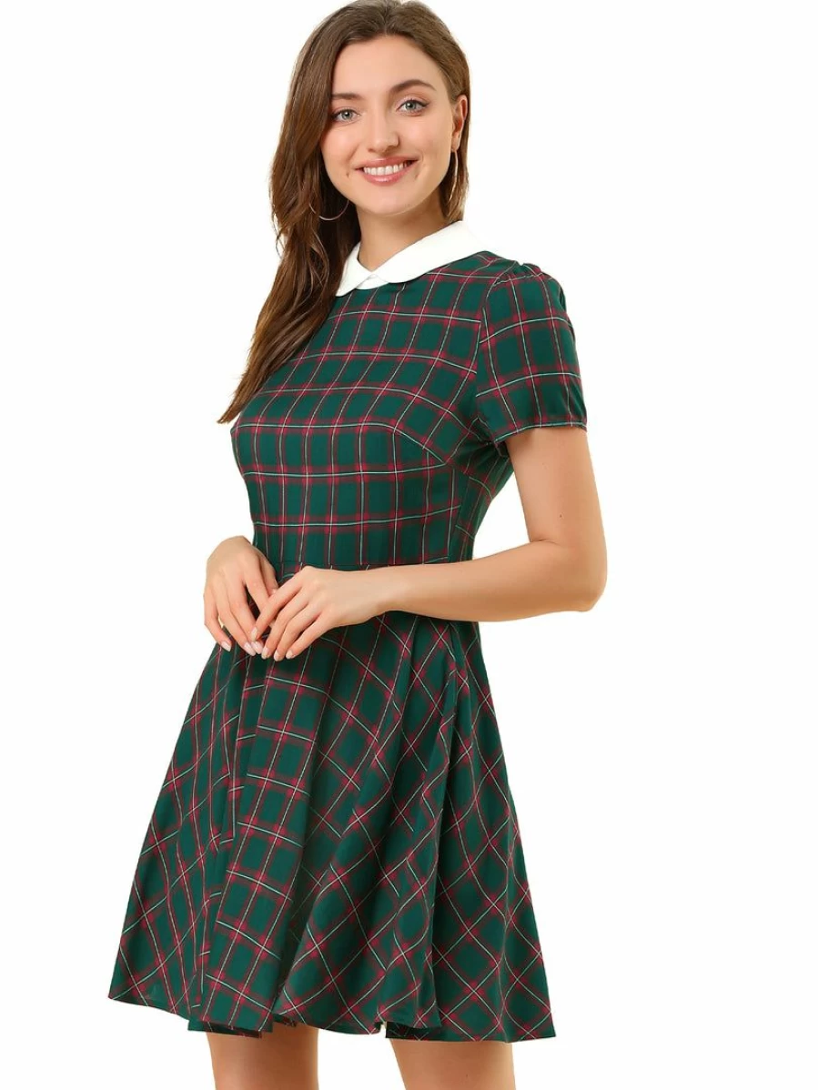 Women's Plaid Peter Pan Collar Puff Sleeve Mini Dress with Contrast Trim