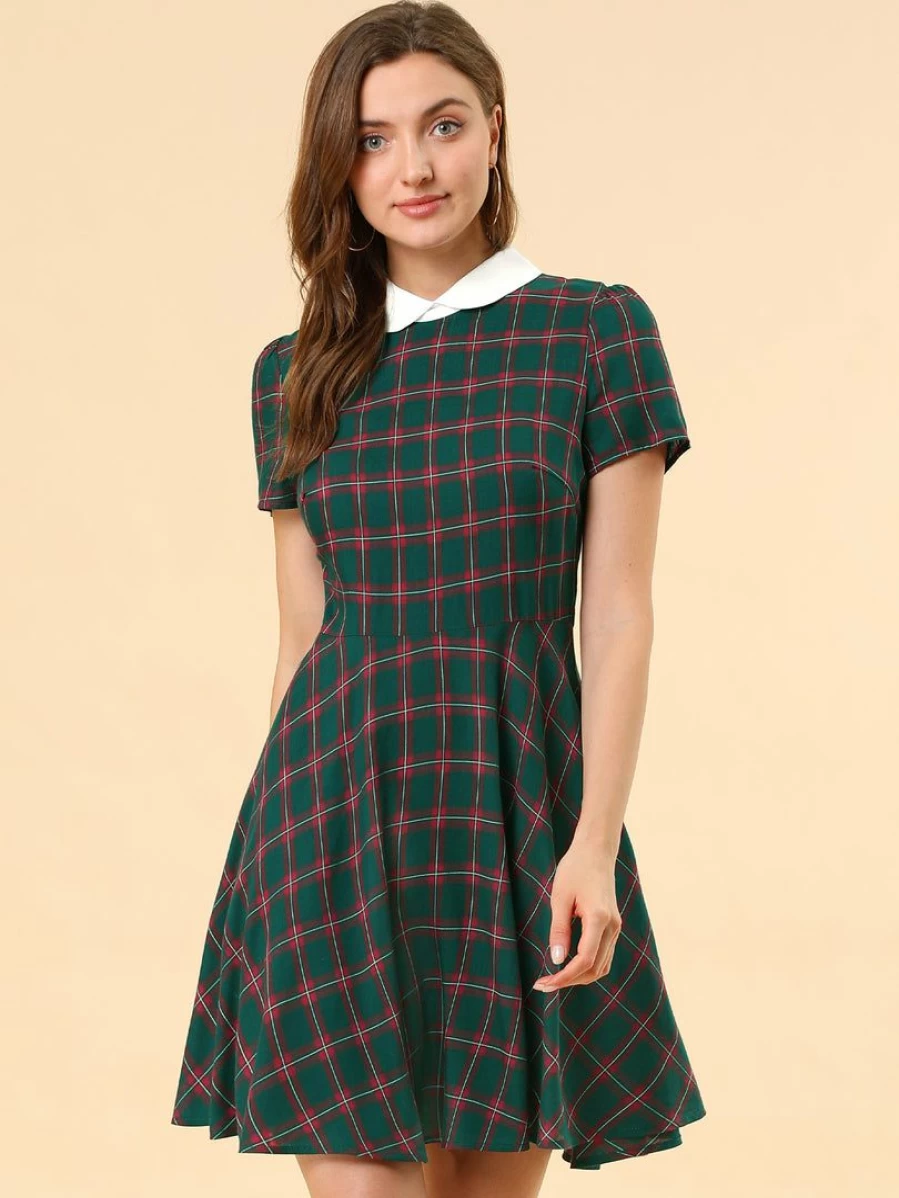 Women's Plaid Peter Pan Collar Puff Sleeve Mini Dress with Contrast Trim