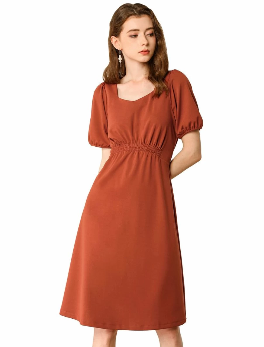 Vintage Sweetheart Neck Smocked Front Short Puff Sleeve Dress in Burnt Orange