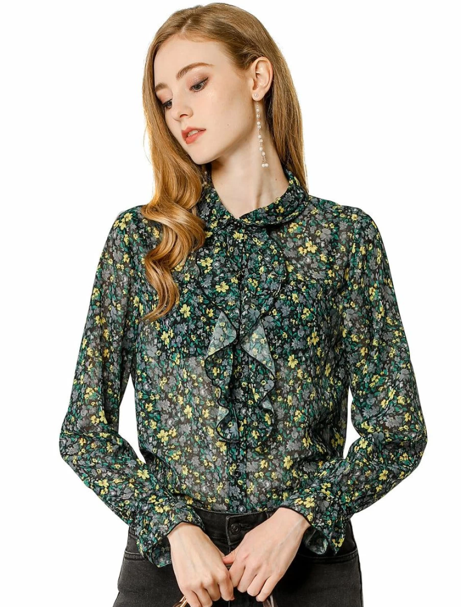 Allegra K Women's Dark Green Floral Long Sleeve Ruffled Blouse with Button Down Collar