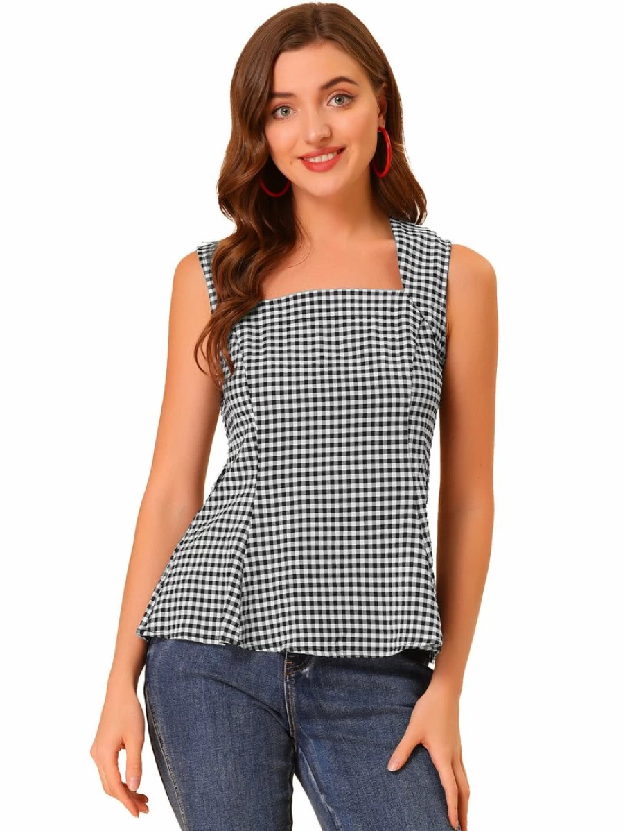 Black Sleeveless Square Neck Peplum Top with Self-Tie Front - Women's Textured Blouse