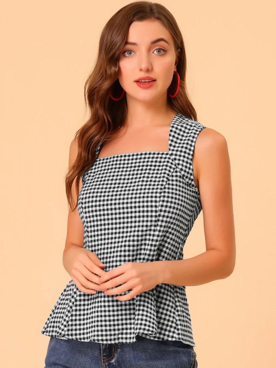 Black Sleeveless Square Neck Peplum Top with Self-Tie Front - Women's Textured Blouse