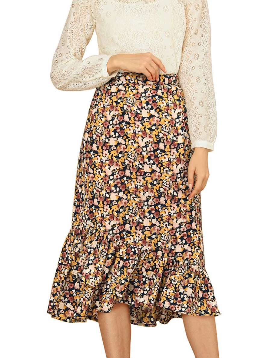 Vintage Floral Ruffle High-Low Hem Skirt for Women with Elastic Waist - Fall Fashion