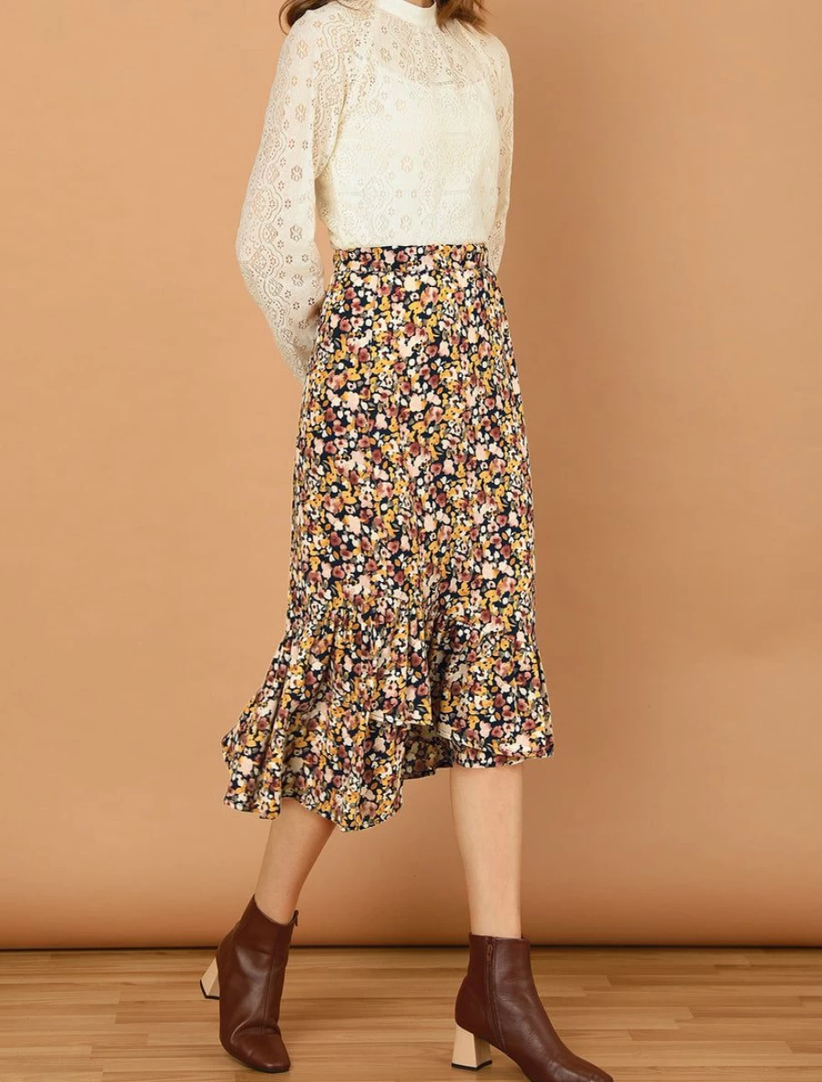Vintage Floral Ruffle High-Low Hem Skirt for Women with Elastic Waist - Fall Fashion