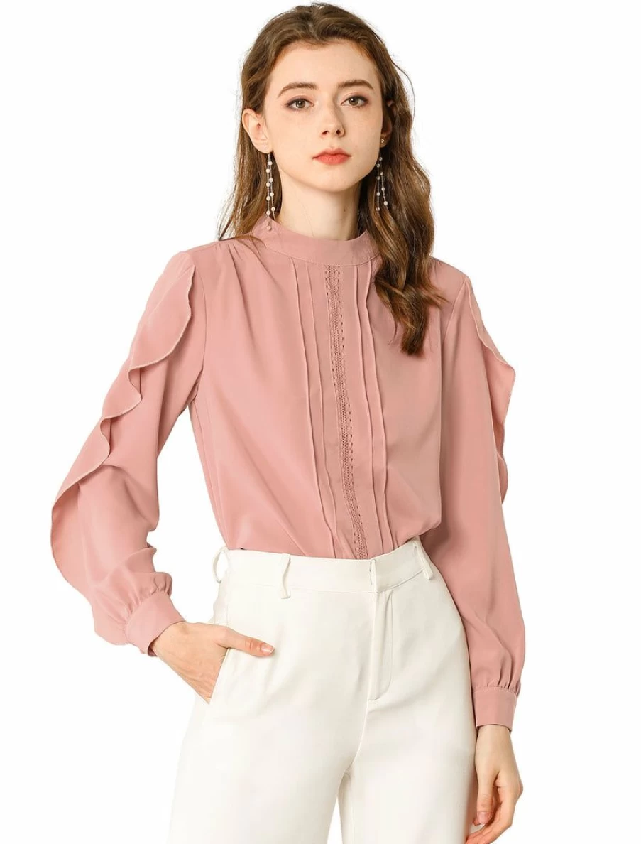 Allegra K Women's Dusty Pink Chiffon Blouse with Ruffled Sleeves and Mock Neck for Work