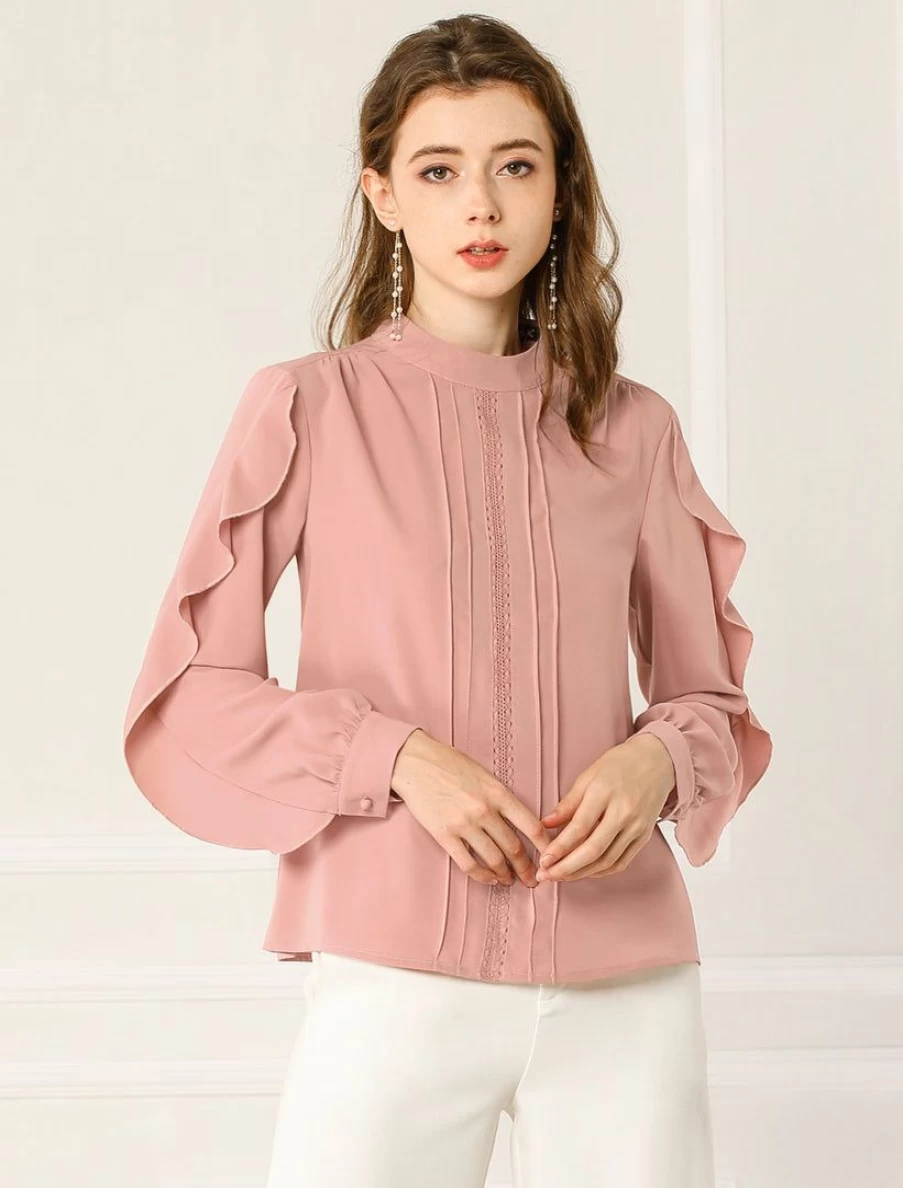 Allegra K Women's Dusty Pink Chiffon Blouse with Ruffled Sleeves and Mock Neck for Work