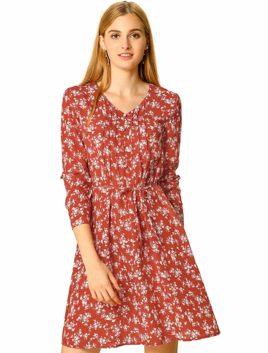 Red Floral V-Neck Pleated Belted Dress with Elegant Detail