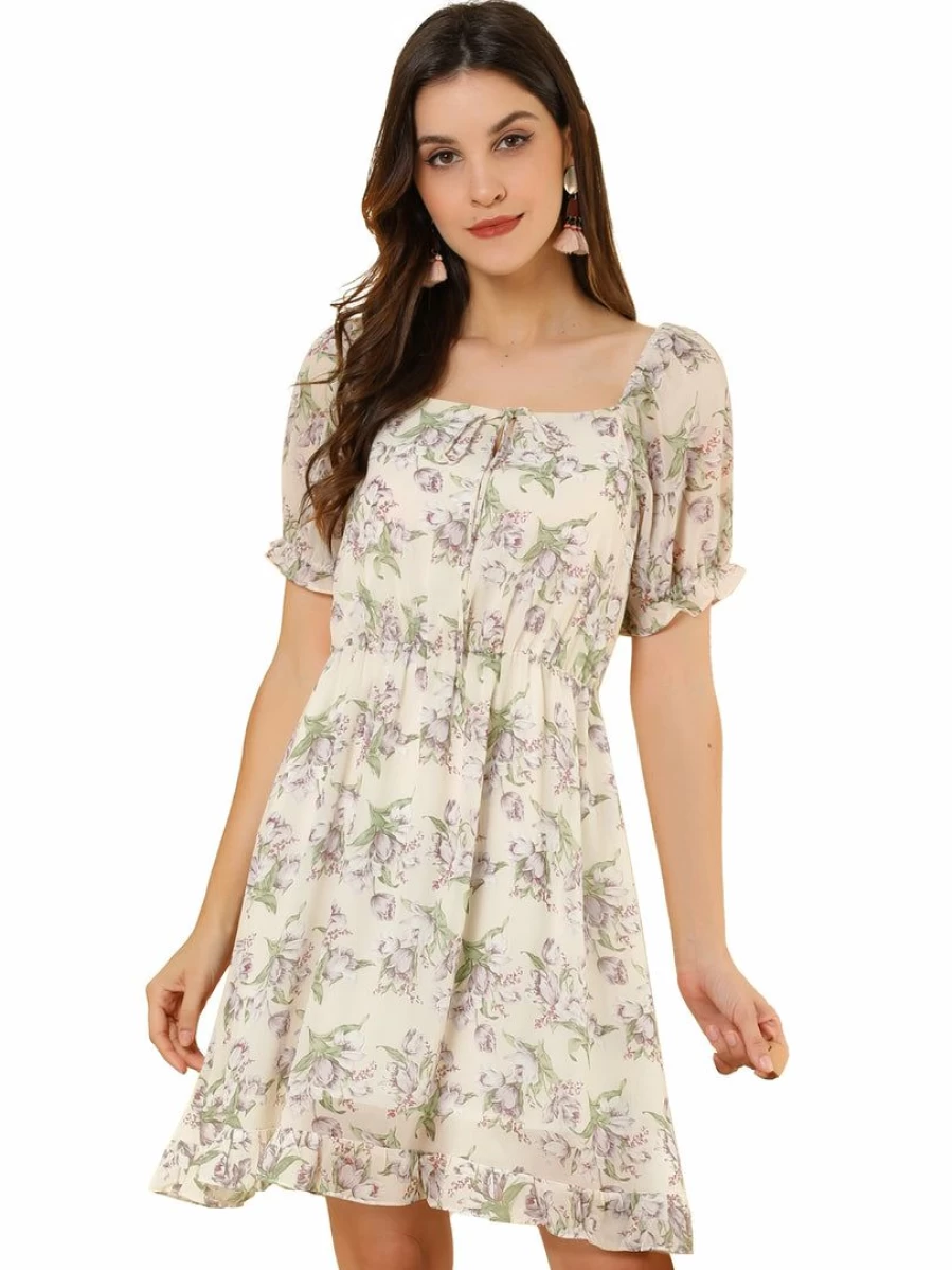 Beige Floral Square Neck Bubble Sleeve Dress for Women by Allegra K