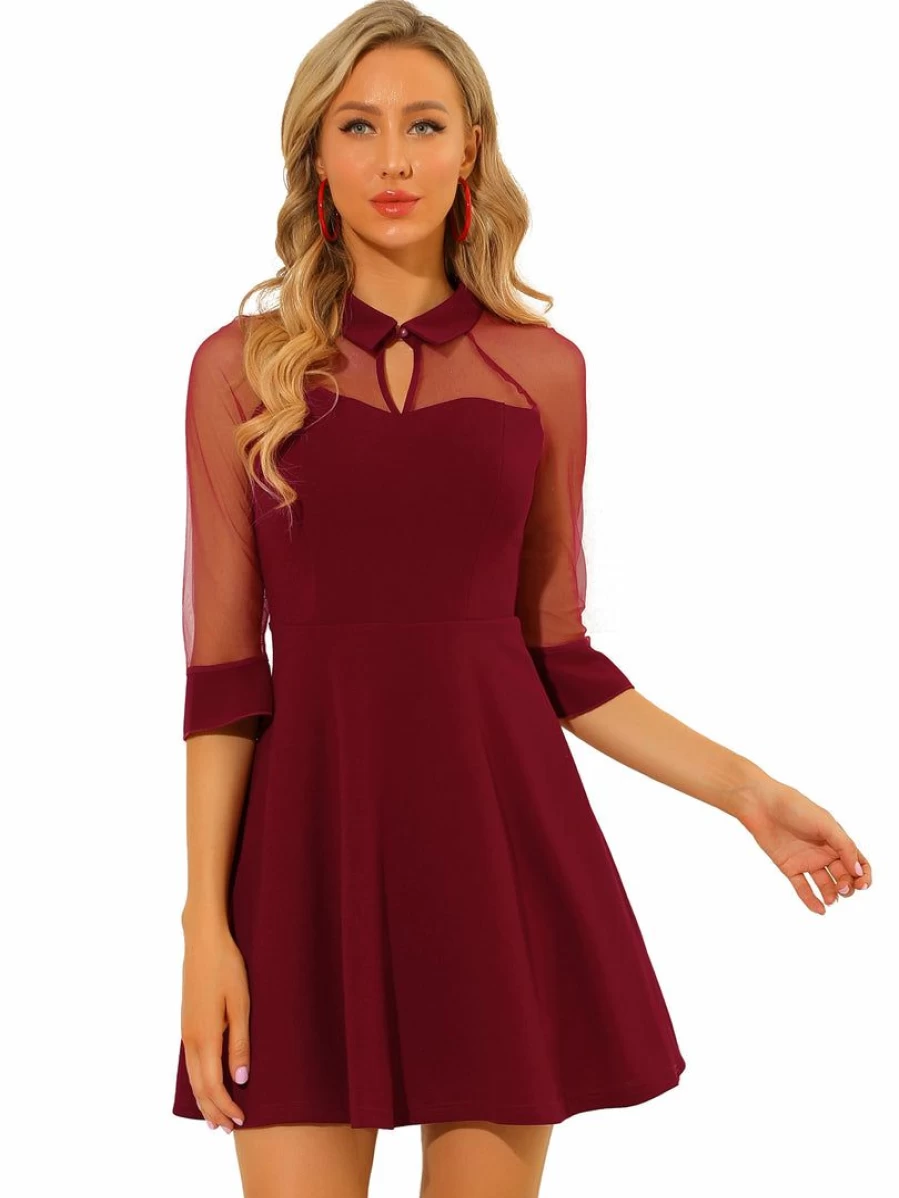 Women's Elegant Mesh Cocktail Dress with 3/4 Sleeves and Keyhole Neckline for Party A-Line Silhouette