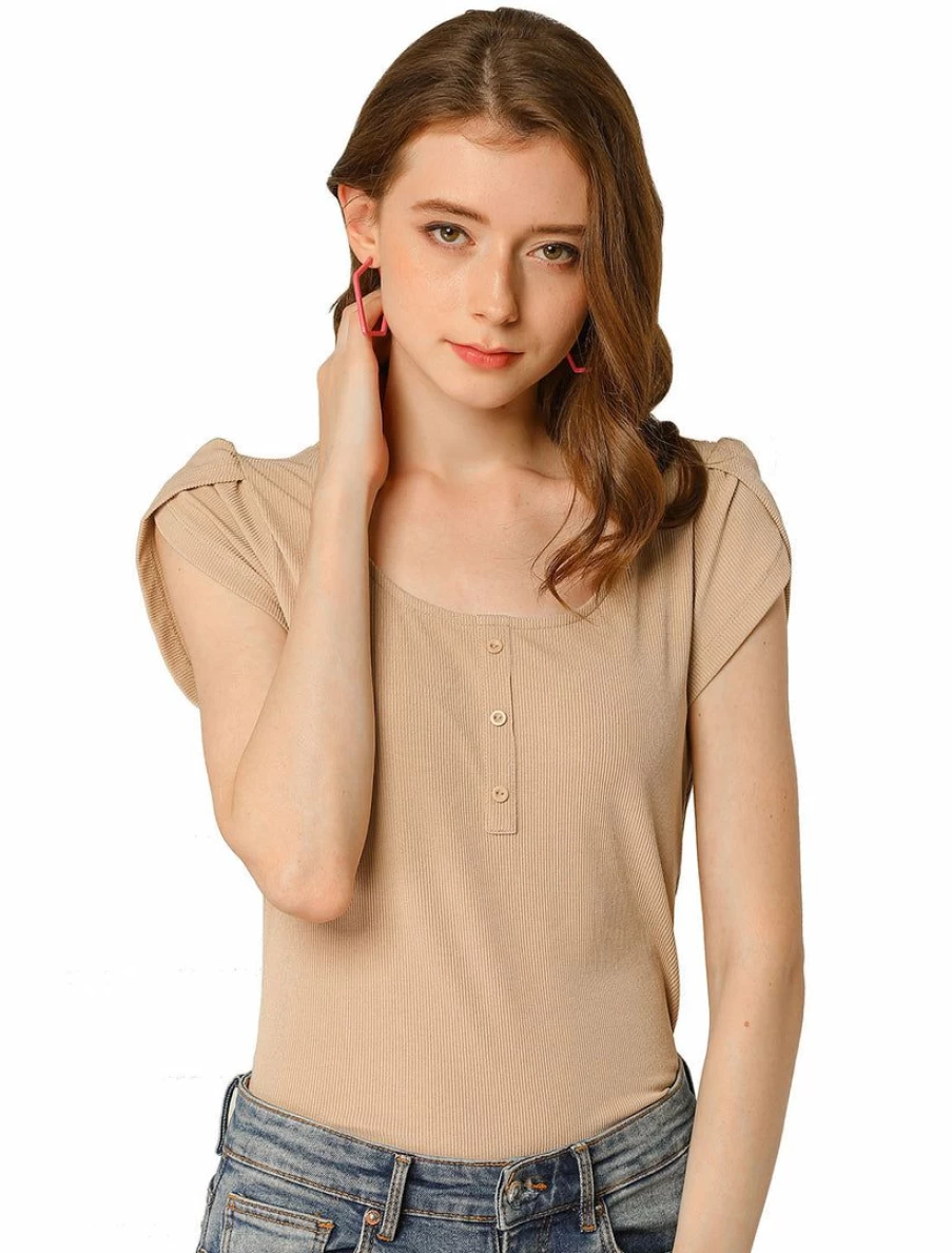 Women's Ribbed Blouse with Scoop Neck and Tulip Sleeves - Elegant Short Sleeve Top