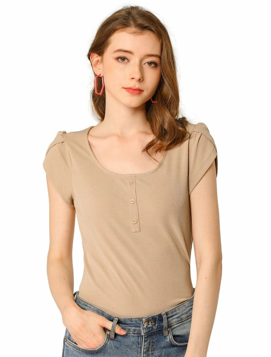 Women's Ribbed Blouse with Scoop Neck and Tulip Sleeves - Elegant Short Sleeve Top