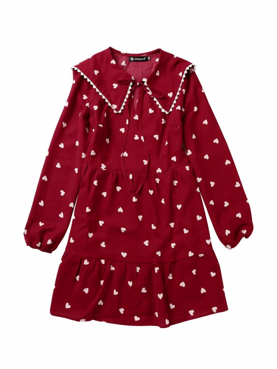 Red Lace Decor Long Sleeve Tie Dress with Heart Pattern Doll Collar for Women