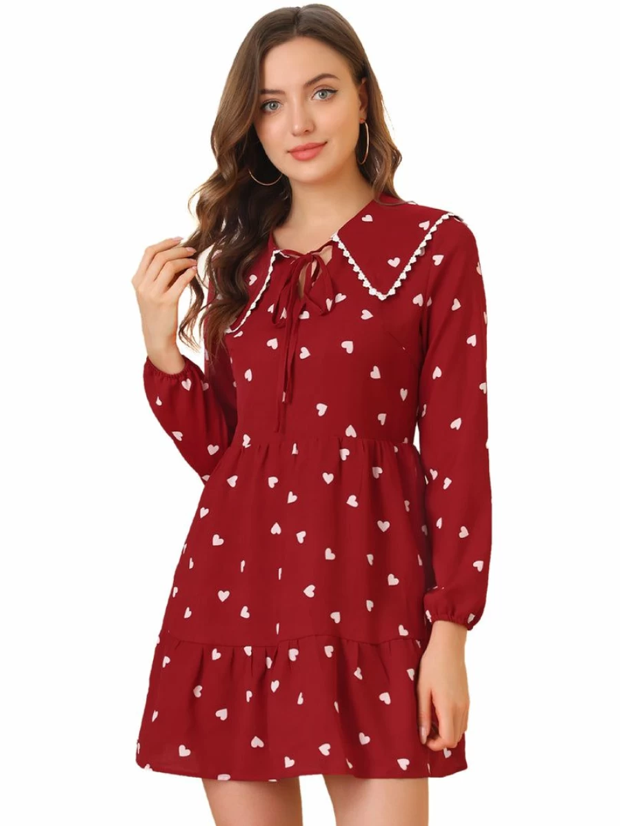 Red Lace Decor Long Sleeve Tie Dress with Heart Pattern Doll Collar for Women