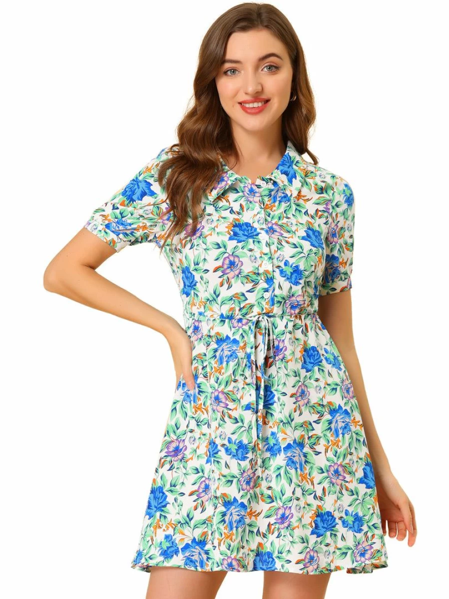 Allegra K Women's White Floral Summer Dress with Point Collar, Button Up Front, and Tie Waist