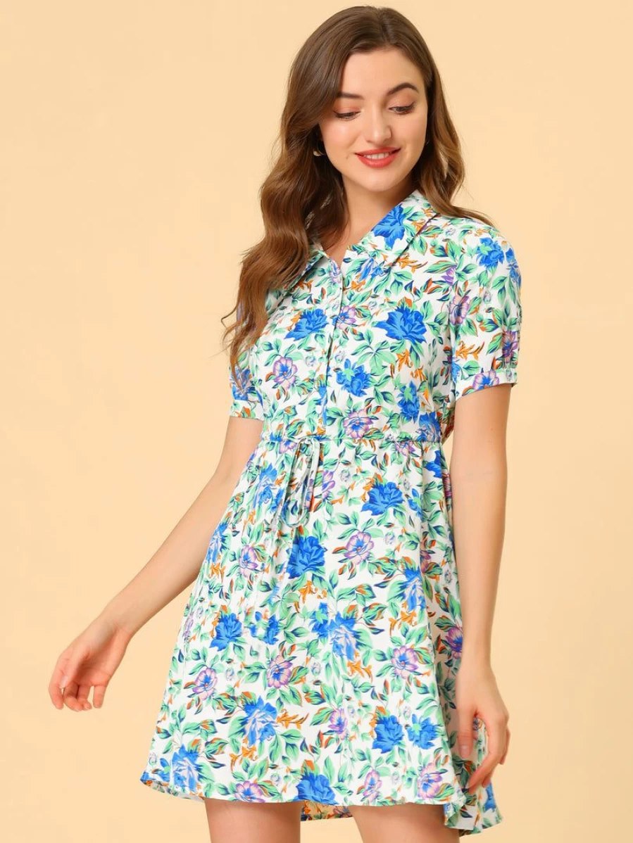 Allegra K Women's White Floral Summer Dress with Point Collar, Button Up Front, and Tie Waist