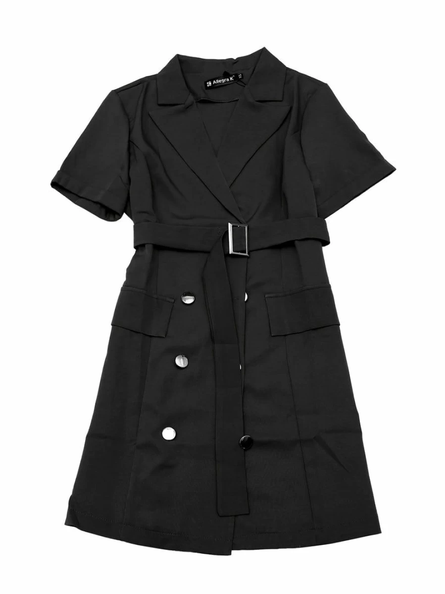 Women's Solid Color Double-Breasted Belted Work Dress with Turn-Down Collar for Office Casual Wear