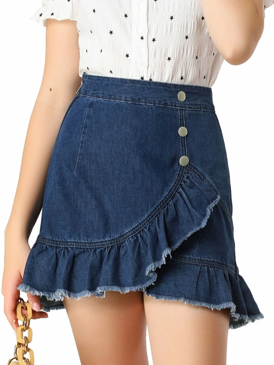 Blue High-Low Hem Denim Skirt with Ruffle Detail and Button Front for Women