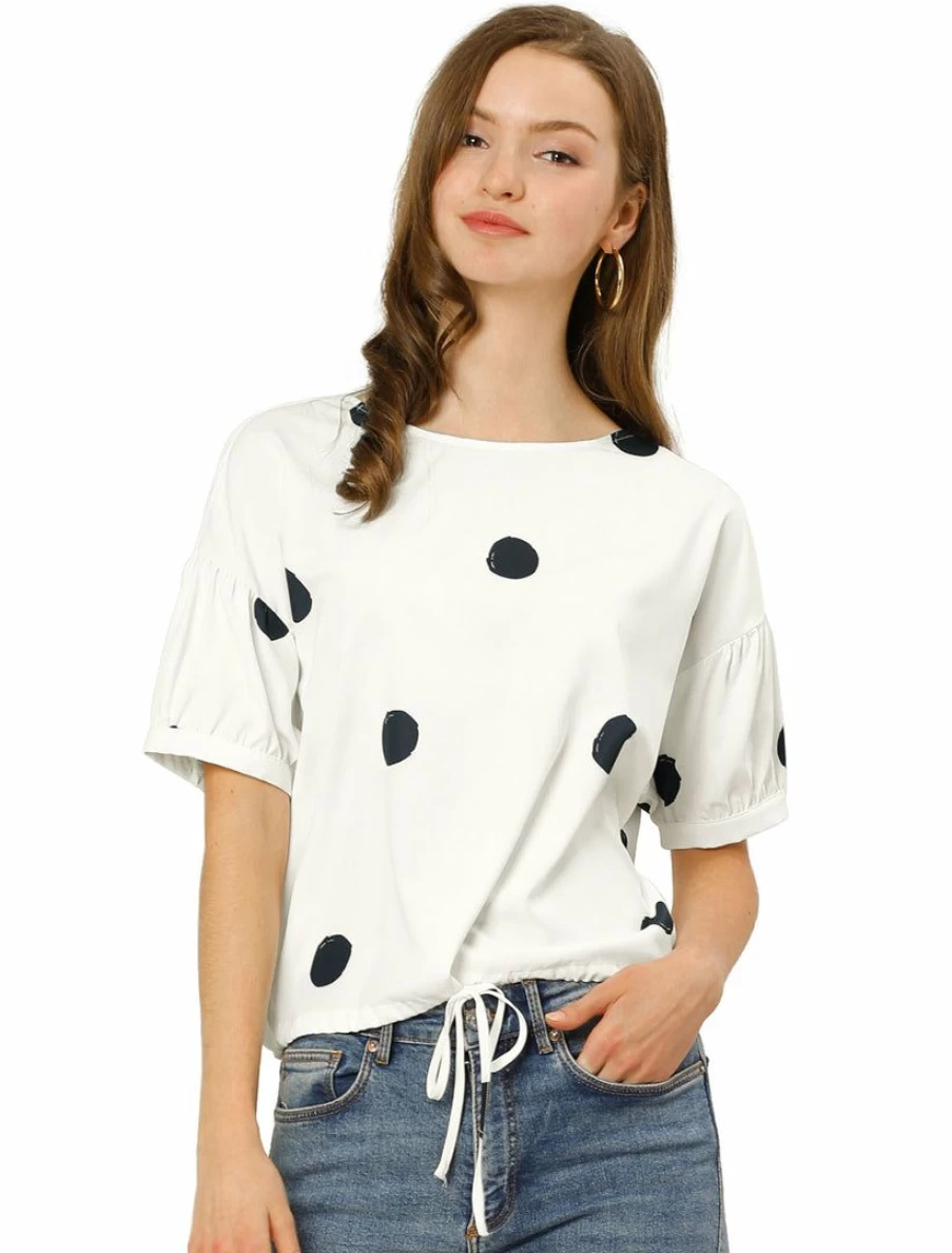 Allegra K Women's White Polka Dot Boat Neck Blouse Loose Fit Half Sleeve Drawstring Hem Top