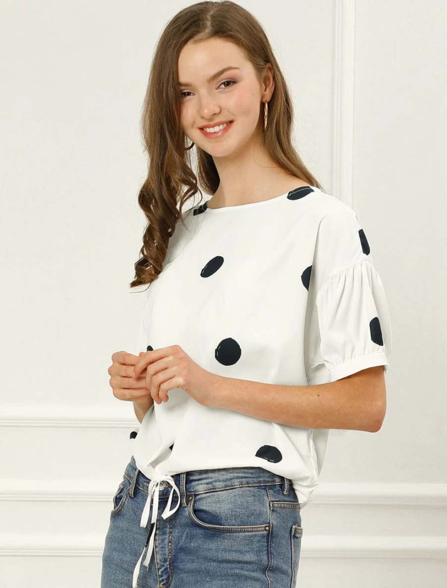 Allegra K Women's White Polka Dot Boat Neck Blouse Loose Fit Half Sleeve Drawstring Hem Top