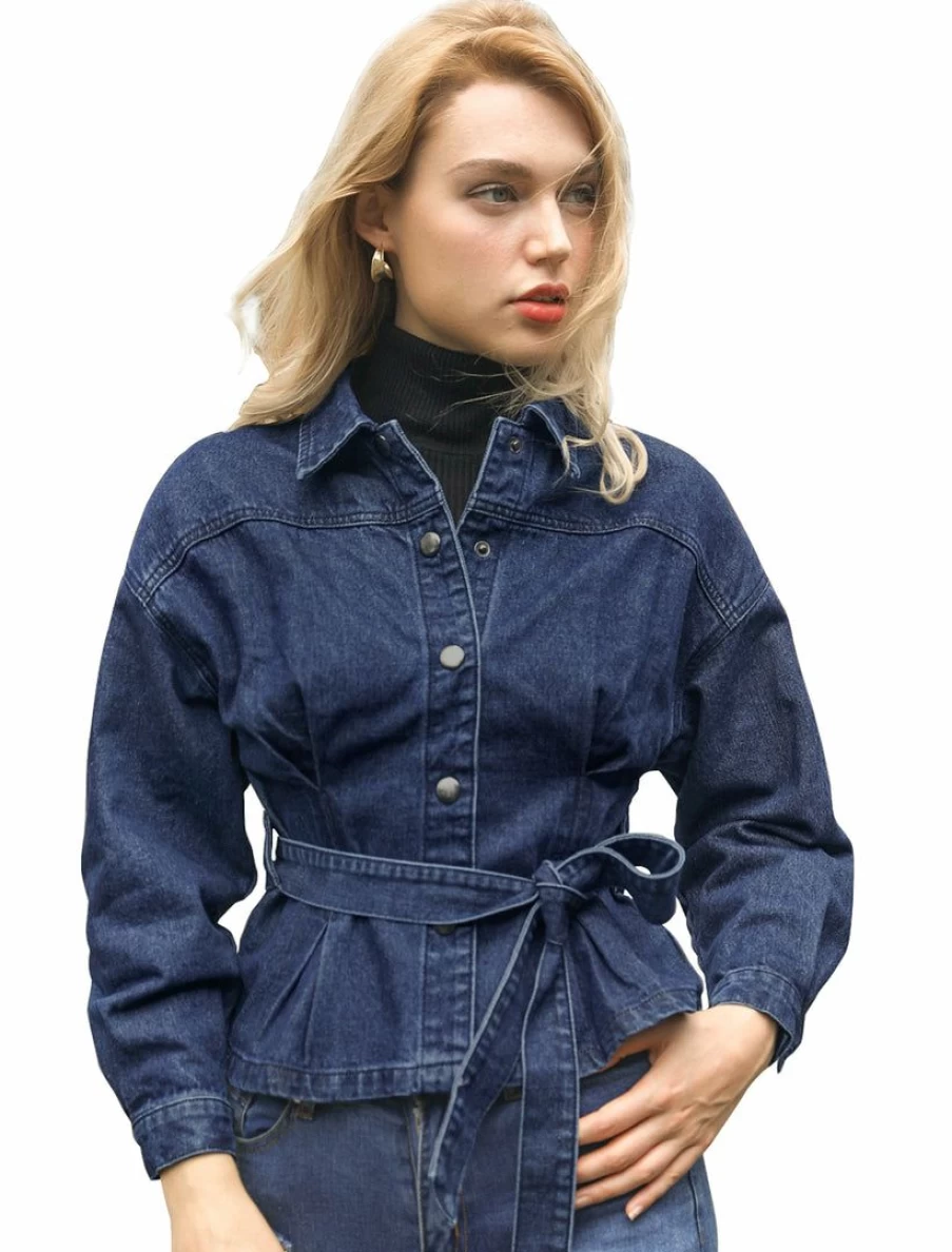 Navy Blue Women's Long Sleeve Denim Jacket with Turn Down Collar, Drop Shoulder, and Tie Waist Belt