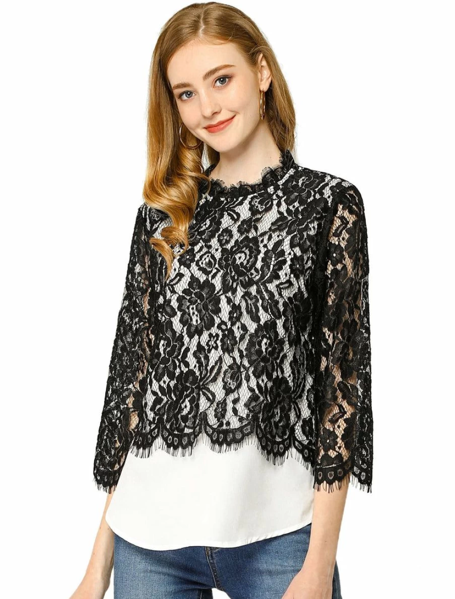 Black See-Through Lace Blouse for Women with Floral Trim & Ruffle Neck