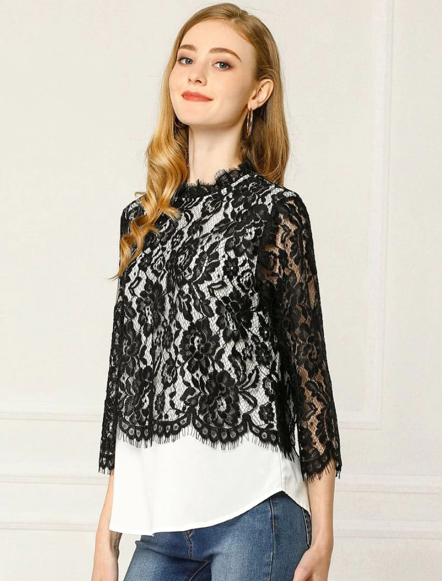 Black See-Through Lace Blouse for Women with Floral Trim & Ruffle Neck