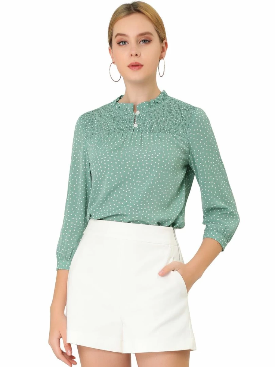Allegra K Women's Elegant Green Polka Dot Blouse with Frill Mock Neck and Smocked 3/4 Sleeves