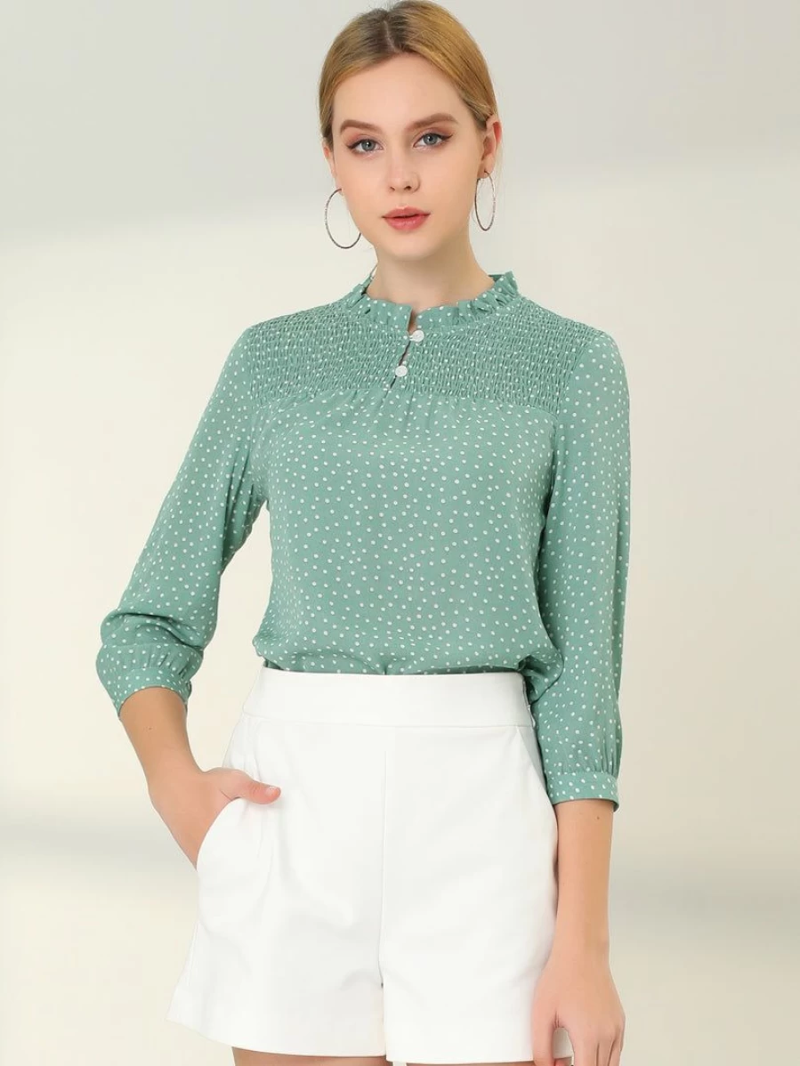 Allegra K Women's Elegant Green Polka Dot Blouse with Frill Mock Neck and Smocked 3/4 Sleeves