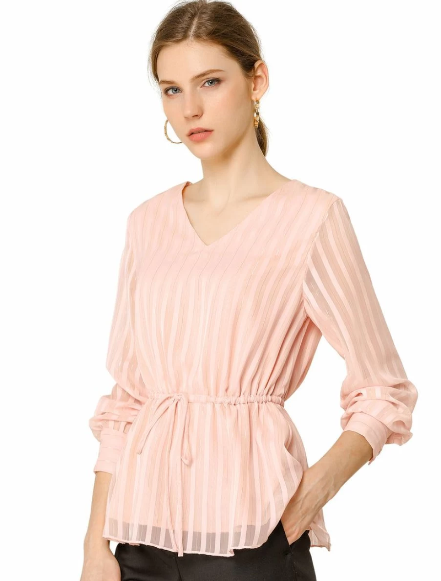 Pink V-Neck Peplum Blouse for Women - Long Sleeve Chiffon Work Shirt with Tie Waist