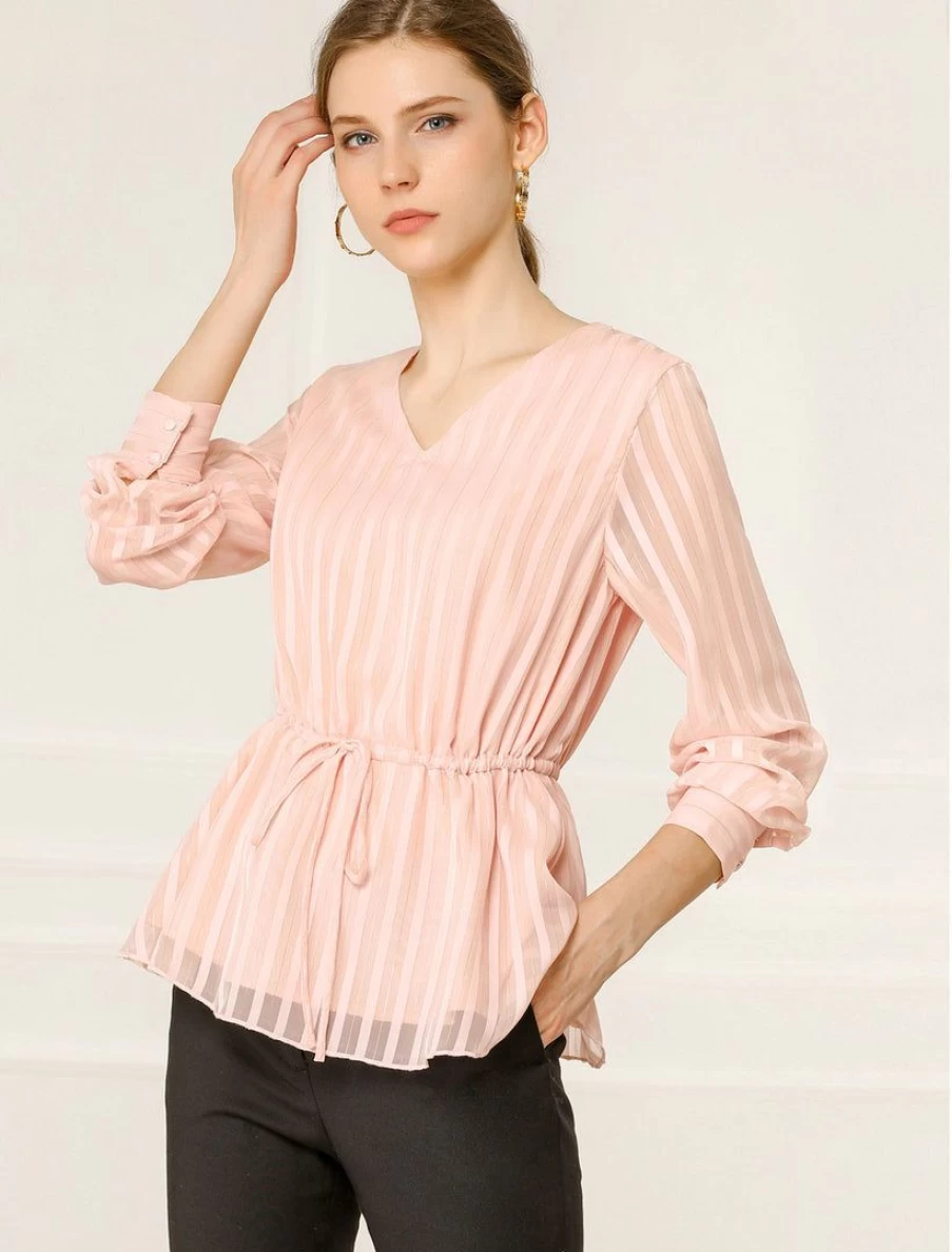 Pink V-Neck Peplum Blouse for Women - Long Sleeve Chiffon Work Shirt with Tie Waist