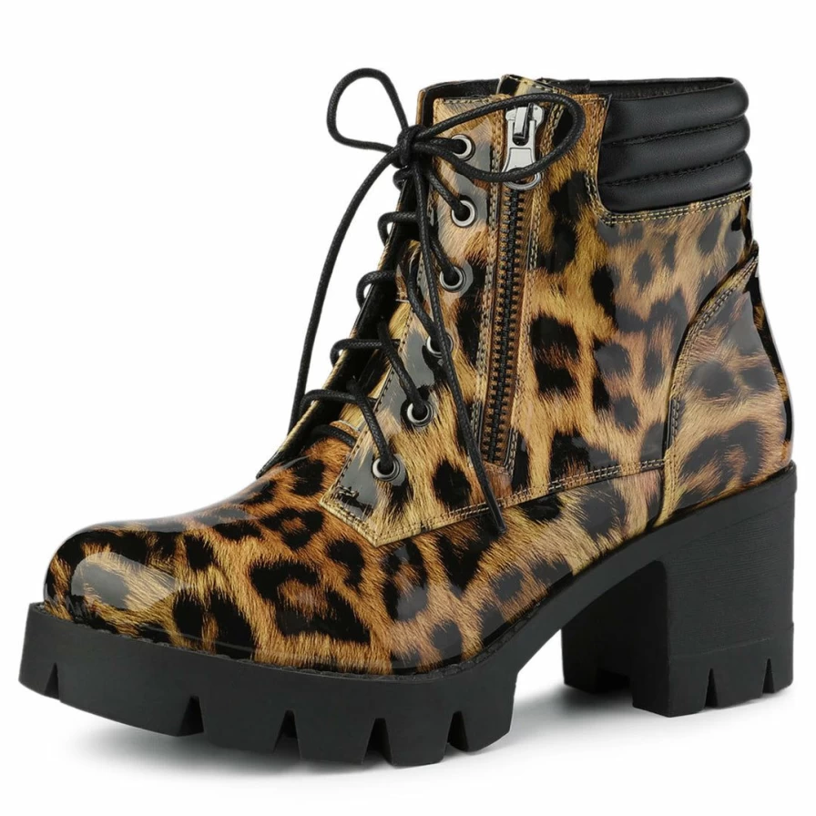 Allegra K Women's Yellow Leopard Print Block Heel Combat Boots Chunky Ankle Booties