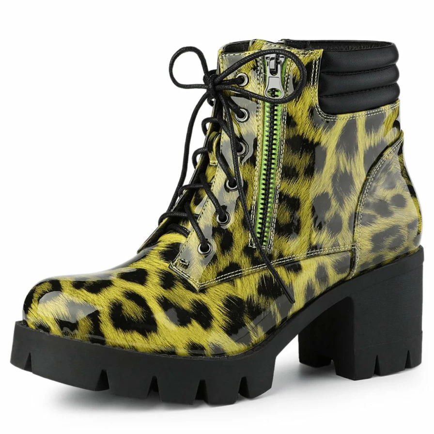 Allegra K Women's Yellow Leopard Print Block Heel Combat Boots Chunky Ankle Booties