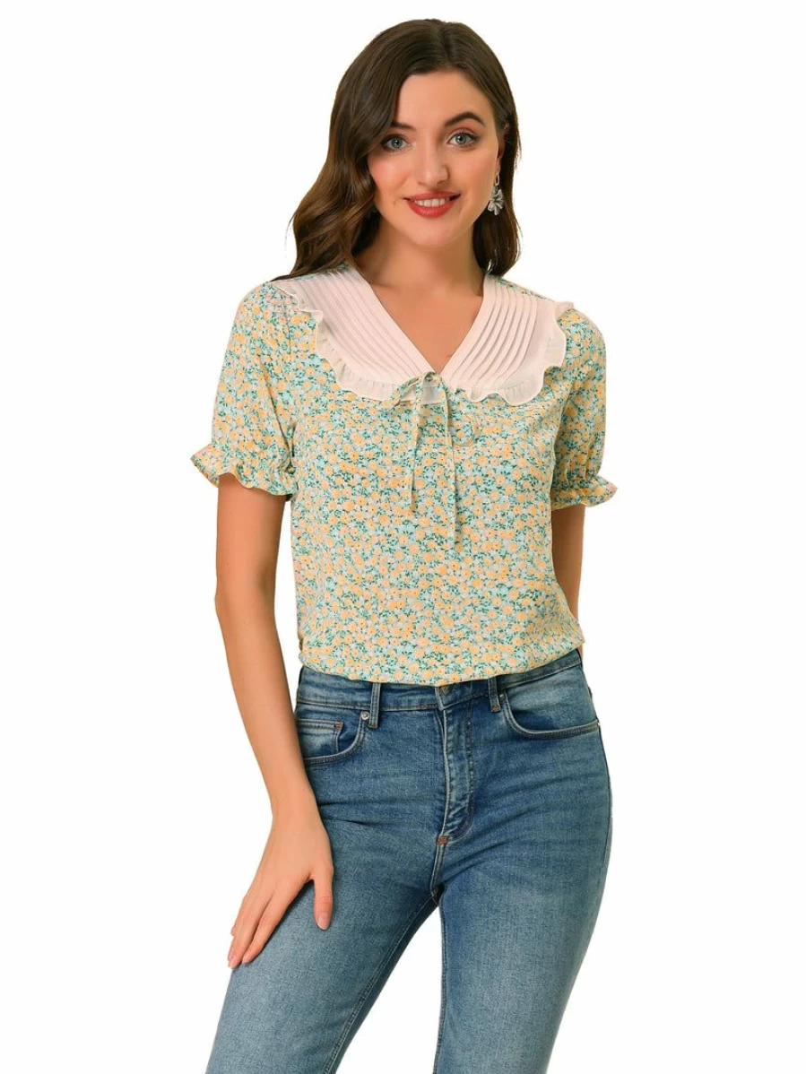 Allegra K Women's Blue Floral Chiffon Blouse with Ruffle V-Neck and Short Sleeves